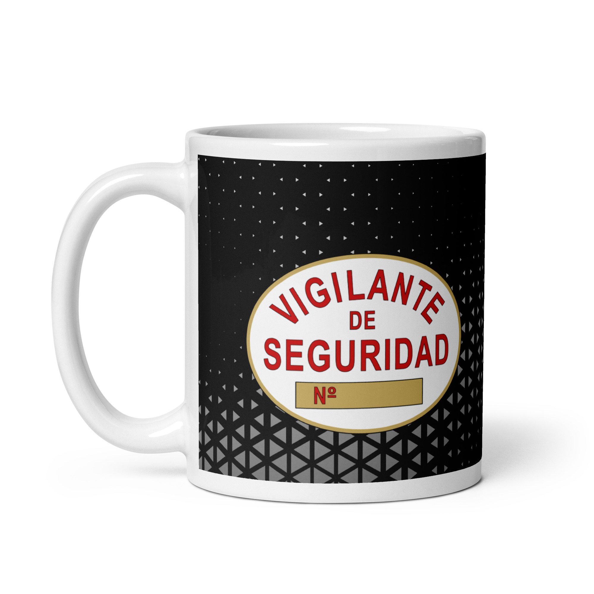 Taza Vigilante de Seguridad “Seguridad Privada” – Diseño Placa Oficial con Fondo Rombos